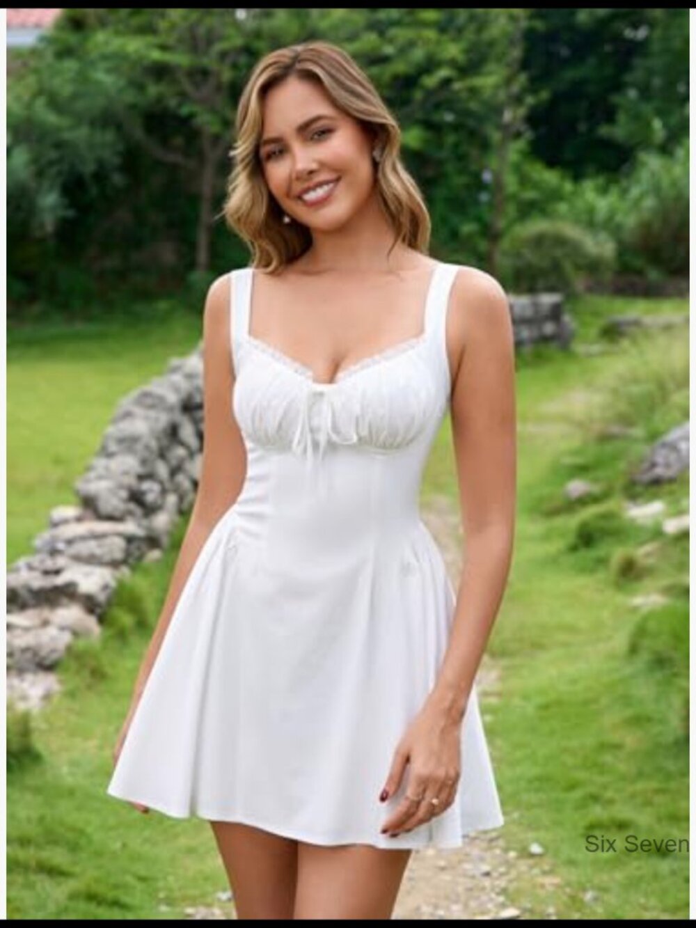 Lace Corset Mini Dress with Adjustable Straps and Ruched Bow Details - Picture 5 of 7